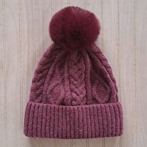 Bass Pro Shops Cable Knit Fluffy Pom Pom Beanie Burgundy Warm Cozy Winter Hat